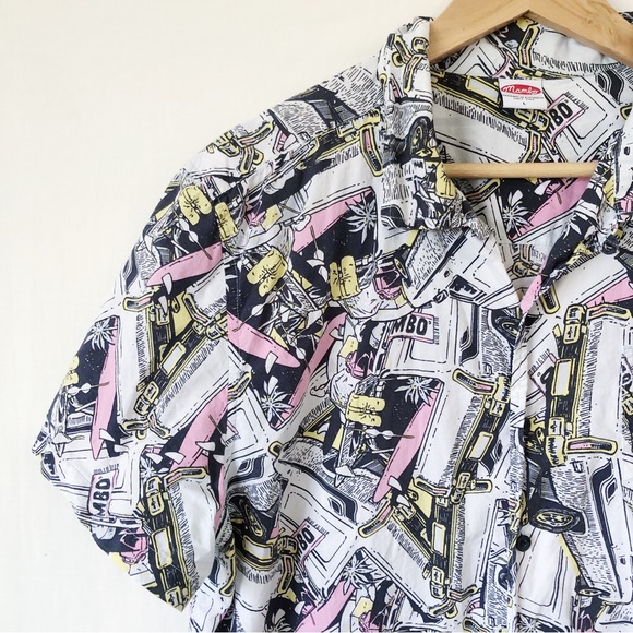 MAMBO Mens Size L Black White Cotton Button Down Short Sleeve Shirt Quirky Beach - Picture 2 of 10